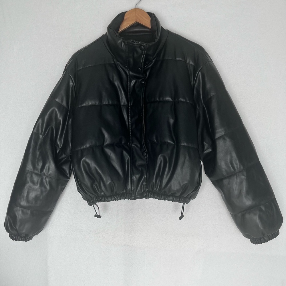 SHEIN Puffer Jacket High Neck Zip Up Draw String Hem Black Winter Coat Sz L